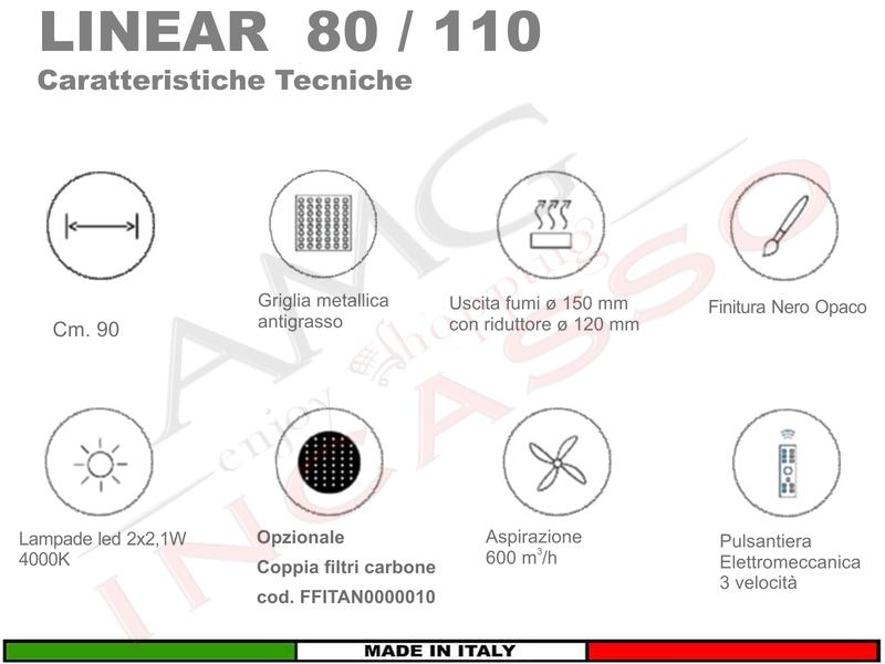 Cappa Parete Moderna 90 LINEAR Struttura Nero Opaco RAL 9005 Motore 500  m³/h
