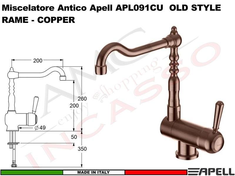 Miscelatore Rubinetto Monocomando APELL APL091CU Rustico Antico Vecchio Rame