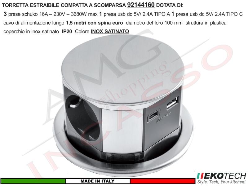 Torretta Multipresa Estraibile a Scomparsa 3 Prese 1 USB A + 1 USB TIPO C INOX