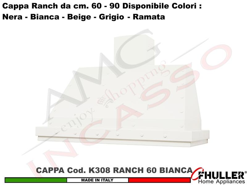 Cappa Cucina Parete Moderna RANCH K308 cm.60 Bianca + MOTORE 420 m³/h Classe F