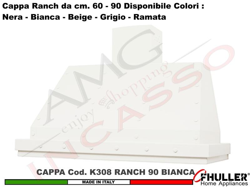 Cappa Cucina Parete Moderna RANCH K308 cm.90 Bianca + MOTORE 420 m³/h Classe F