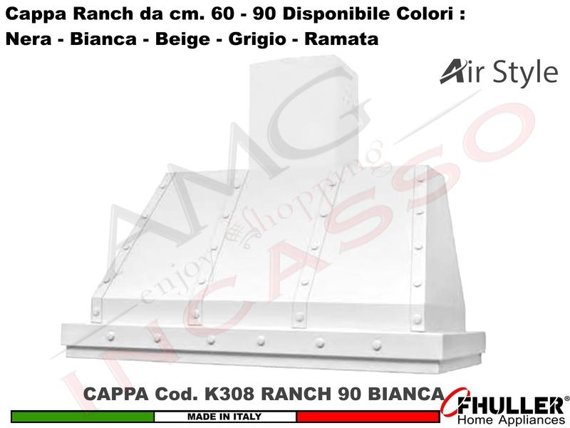 Cappa Cucina Parete Moderna RANCH K308 cm.90 Bianca + MOTORE 420 m³/h Classe F