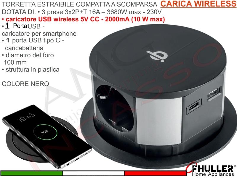 Torretta Multipresa a Scomparsa 3 Prese 1 USB 1 porta tipo C Ricarica Wireless Nera