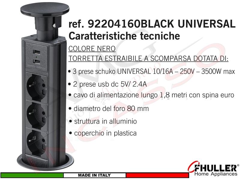 Torretta Multipresa Estraibile a Scomparsa Incasso con 3 Prese e 2 USB Nera