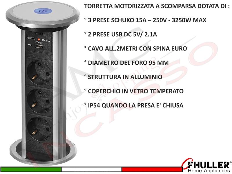 Torretta Multipresa Estraibile Motorizzata a Scomparsa con 3 Prese e 2 USB Grigia